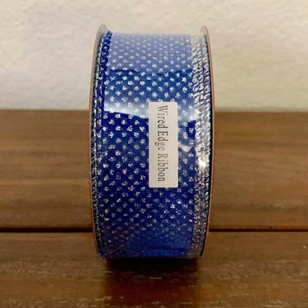 NWT Wired Edge 1.5" Navy Blue with Silver Glitter Dots Christmas Ribbon